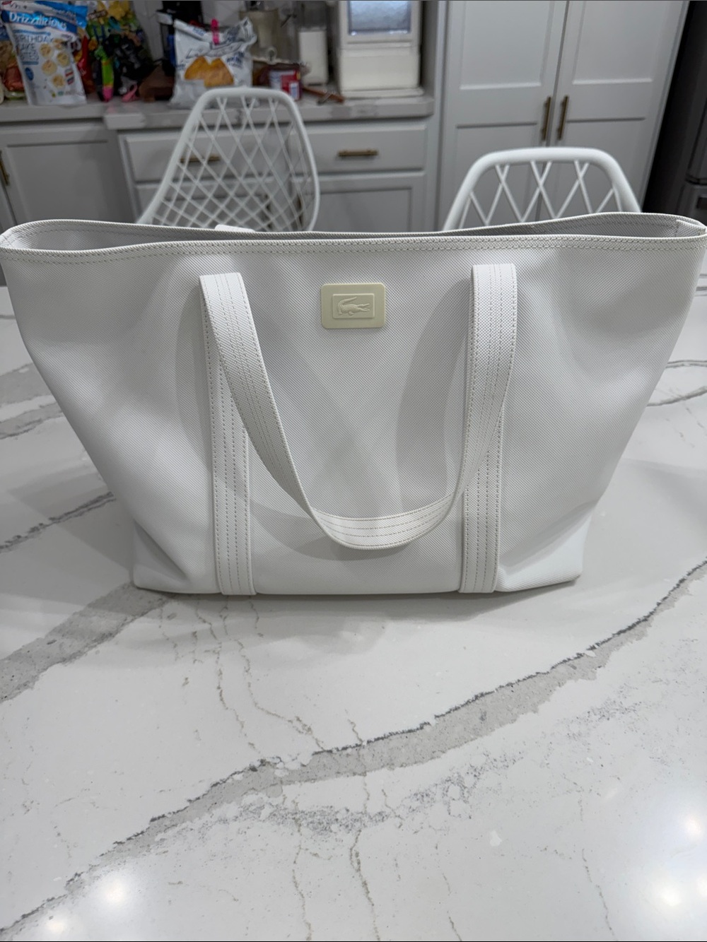 Lacoste White PVC Textured Tote Bag